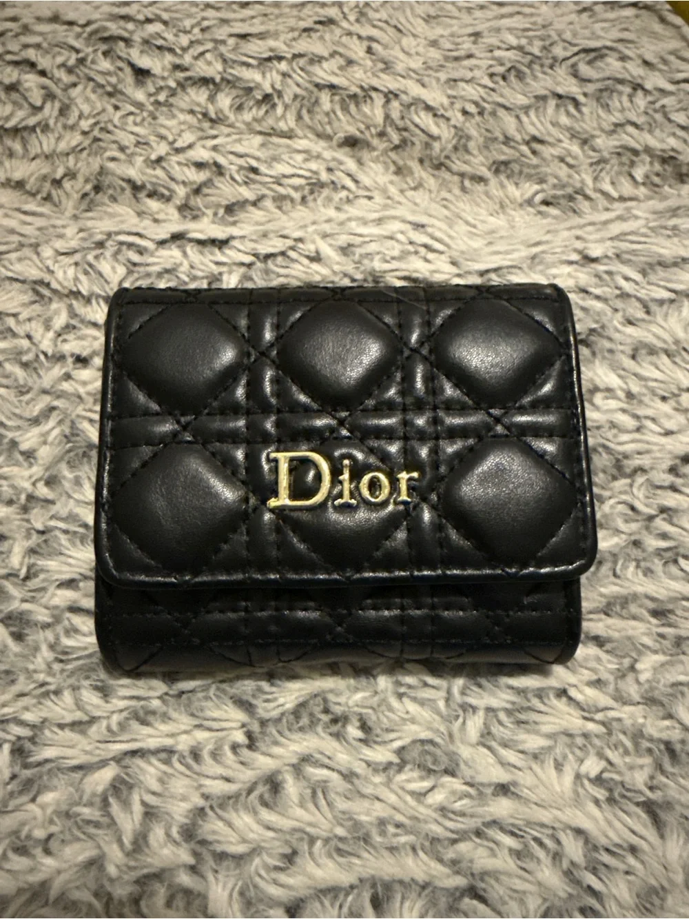 Black Quilted Trifold Wallet with Gold Logo